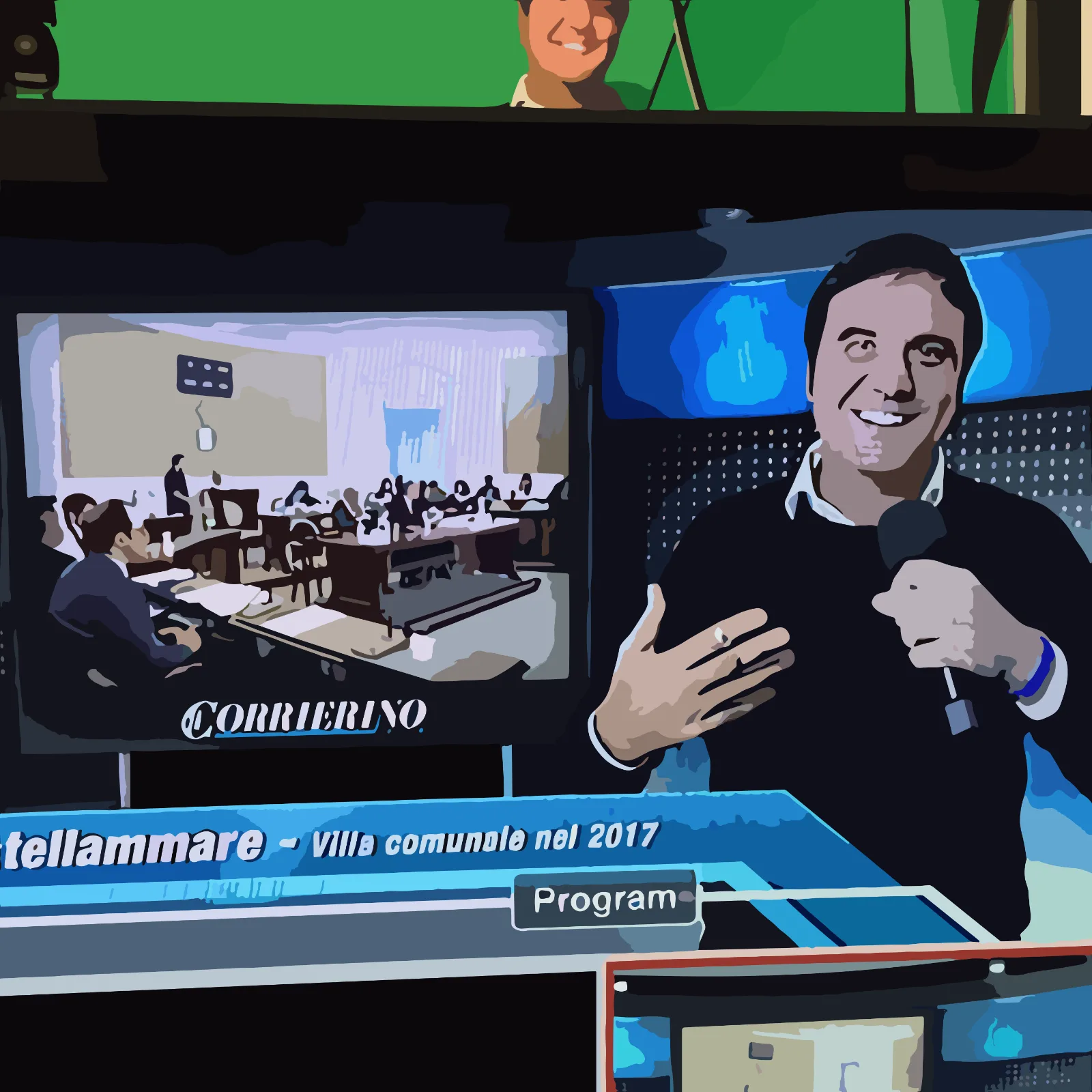 Christian Apadula Conduce in Studio su CH Media Christian Apadula in uno studio televisivo con schermo a chroma key