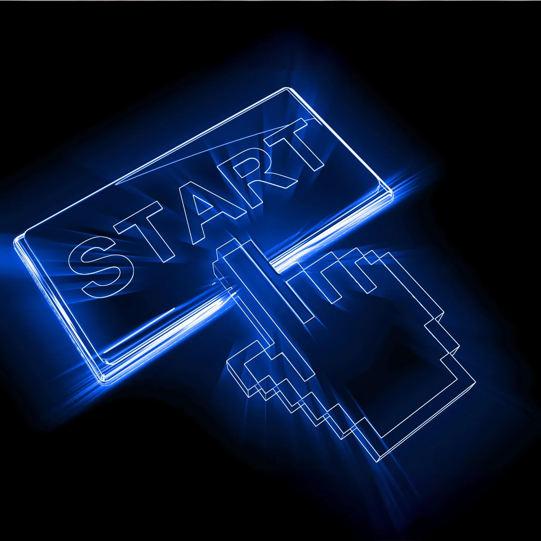 Inizia il Tuo Viaggio nel Digital Marketing con CH Media Cursor digitale che preme un pulsante di avvio in uno stile grafico blu neon